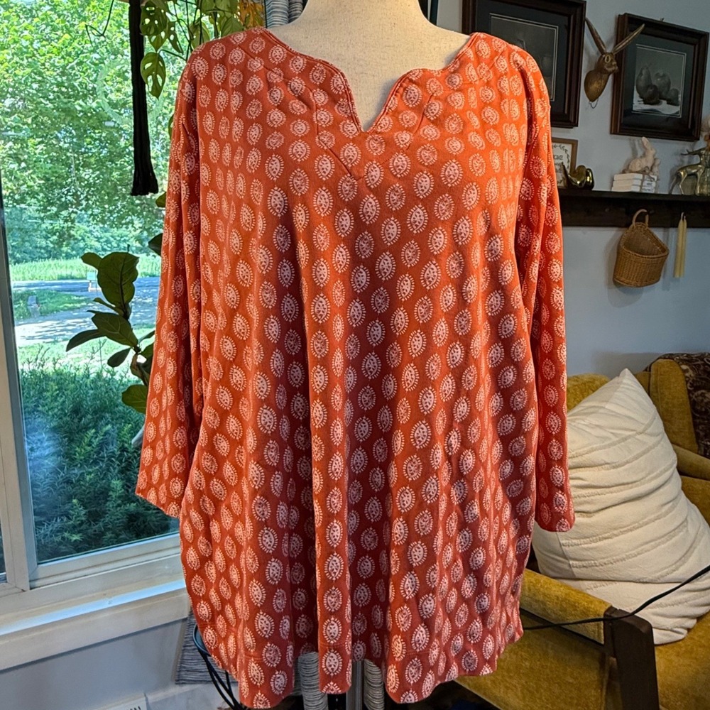 LL Bean Womens 3X Supima Cotton Split Neck Tunic Top Orange White Block Print